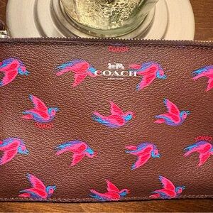 Coach Brown Wristlet with Pink and Blue Bird Design